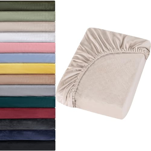 Soifox Jersey Warm Spannbettlaken 90x200cm bis 100x200cm Plüsch Fleece Samtweich Kuschelig Flauschig Cashmere Touch Bettlaken für Boxspringbett Topper Matratze Beige mit Gummizug