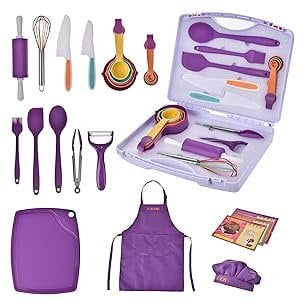 CREATIVECHEF Kid Safe Cooking Utensils 43 PCS Mini Colorful Food Toys Kits for Kid Aged +5 Plastic Kitchen Set Safe Knives Set for Real Cooking Dishwasher Safe