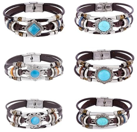 UNICRAFTALE 6 Stück 6 Stile Leder Wickelarmbänder Rindslederseil Dreilagig Boho Armband Set Mit Mehreren Strängen Synthetisches Türkis Armreif Mit Perlen Katzenauge Gothic Armbänder Für Frauen