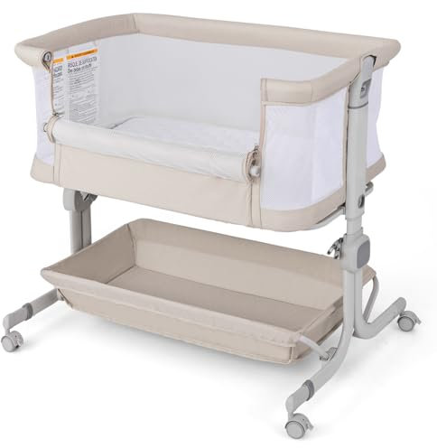 COSTWAY Cuna Colecho, Mini Cuna para Bebe con Altura Ajustable de 6 Niveles, Estante, Ruedas Bloqueables, Colchón y Bolsa de Transporte, Cuna Plegable (Beige)