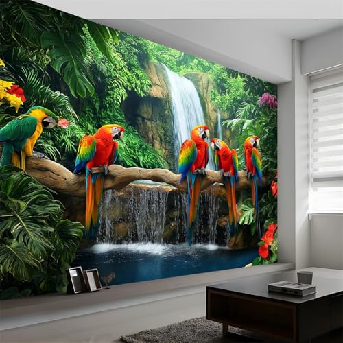 3D Papier Peint Cascade Pittoresque Jungle Perroquet, Peinture Murale Intissé Photo Paysage de La Jungle Mural Poster Salon Mur de fond Chambre des Enfants Bureau Décoration de Maison, 400 x 280 cm