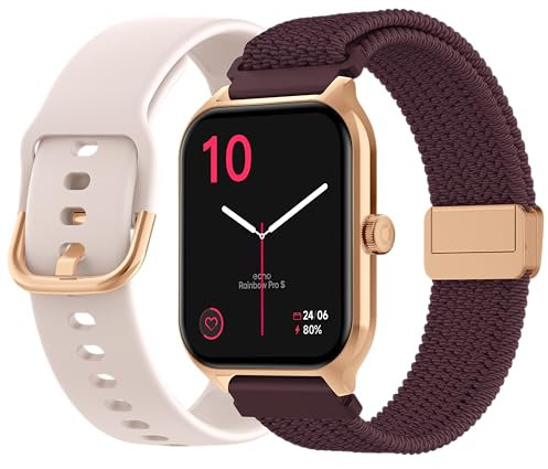 ECHO Rainbow Pro S - Montre Connectée Femme 1.96 Or Rose- Assistant IA Intégré, Appel Bluetooth/Sans fil & Capteurs Santé - Mode sport avec coach - 2 Bracelets Maille & Gomme - Etanche - Android/iOS