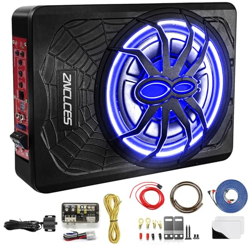 Znclces 2025 Upgraded 10 1200W Slim Under Seat Powered Car Subwoofer, Car/Truck Sub Built in Amplifier for Outstanding Heat Dissipation, Powerful bass and Blue LED (Blue Light)