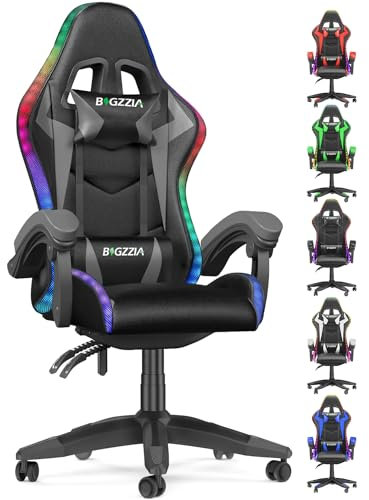 bigzzia Gaming Chair with RGB Computer Chair with Light Reclining PU Leather Video Game Chair with Headrest Adjustable Lumbar Support- Grey