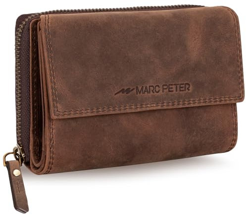 Marc Peter® Rosie Damen Geldbeutel Leder RFID Geldbörse Groß Vintage Portemonnaie für Damen Ledergeldbörse mit Reißverschluss in Geschenkbox Echtleder Vintage Braun