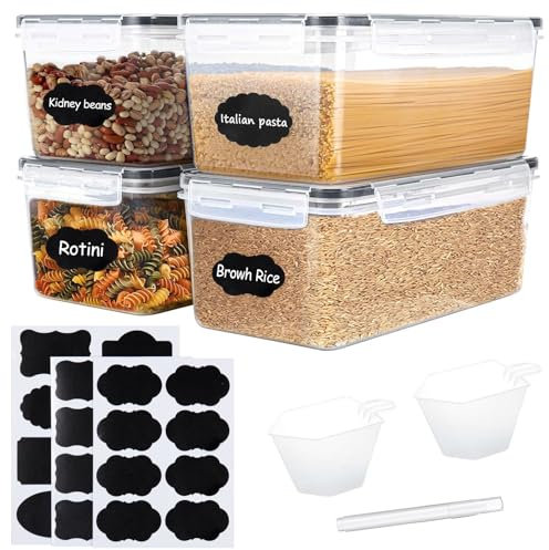 4 Piezas Botes Almacenaje con Tapa, 3 Etiquetas, 2 Taza Medidora,1 Rotulador, 3.2L Recipientes Alimentos Plástico, Caja Almacenamiento Cocina, Organizador Hermeticos para Espaguetis, Cereales, Pasta