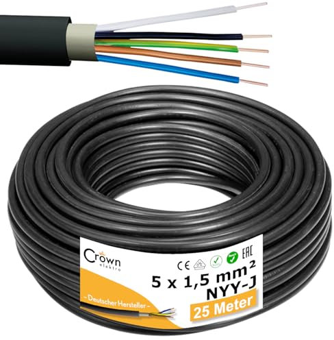 NYY-J 5x1,5mm² 25m Erdkabel Länge am Stück | Elektrokabel Ring für Verlegung im Erdreich & Außenbereich | Kupfer Eindrähtig DIN VDE 0276 Teil 603/627 | Deutsche Markenhersteller
