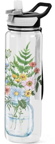 Mnsruu Bouteille d'eau en verre avec paille - 1 l - Motif bouquet de fleurs sauvages - Anti-fuite - Sans BPA - Pour homme, femme, enfant