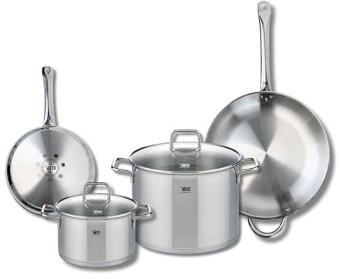 ELO 9506050 Batterie de cuisine 4 pièces, Ensemble de 2 Poêles de cuisson 24 et 32 cm et 2 faitouts 20 et 26 cm Elo Profi Citrin, inox, induction