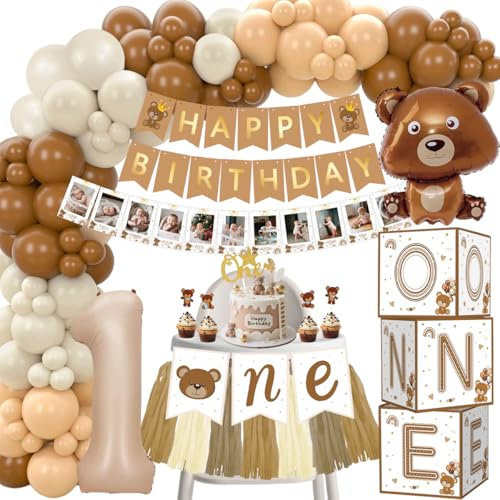 Geburtstagsdeko 1 Jahr Junge, Deko Erster Geburtstag Mädchen Junge, 1. Kindergeburtstag Deko mit Luftballon 1. Geburtstag, Happy Birthday Girlande, Cake Topper, Ballonbox für Baby 1 Jahr