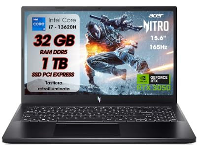 acer Nitro V15 PC Gaming, Notebook Gaming i7-13620H, 32GB RAM DDR5, SSD 1TB, pantalla 15,6 FHD IPS 165Hz, NVIDIA GeForce RTX 3050 (6GB GDDR6), teclado retroiluminado, PC portátil, portátil Gaming