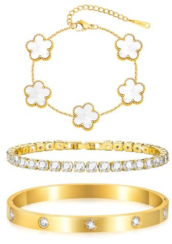 3 Stück Vergoldet Kleeblatt Armband Damen - Kristallen Tennis Armband 6mm Breit Cubic Zirkonia Armreif für Frauen, Wasserfester Tennisarmband mit Edelstahl Armbänder Set Geschenke für Damen, GWeiß