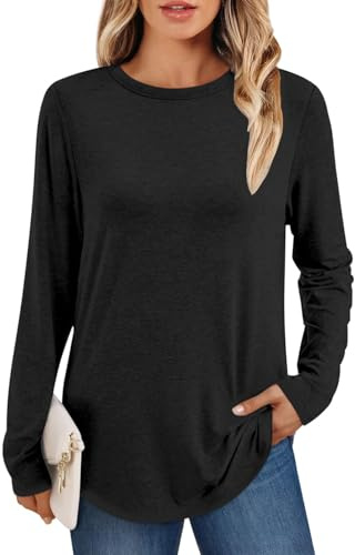 AirMood Women Casual Plain Long Sleeve Tshirts Tunic Tops Crewneck Loose Fit T Shirts (Black,XL)