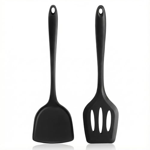 Silicone Spatula Set, 2 Piece Heat Resistant Non-Stick Cooking Turners - Food Grade Silicone, Stainless Steel Core One-Piece Design, Ergonomic Handle Dishwasher Safe for Eggs, Pancakes & Nonstick Cook