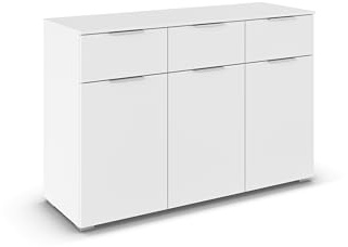 Rauch Möbel Alabama, Kommode, Farbe Weiß, Maße 120x81x42 cm | Sideboard, 3-türig, 3 Schubladen, Soft-Close-Funktion, Griff Alufarben, für Schlafzimmer, Kinderzimmer, Garderobe, Flur