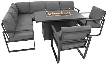 Aluminium-Gartenmöbel-Set Anthrazitgrau modulares Ecksofa 7-Personen Sofa Sessel Polster Esstisch mit integrierter Gas-Feuerstelle Lounge-Sitzmöbel Außenbereich inkl. Wasserdichte Regenschutzabdeckung