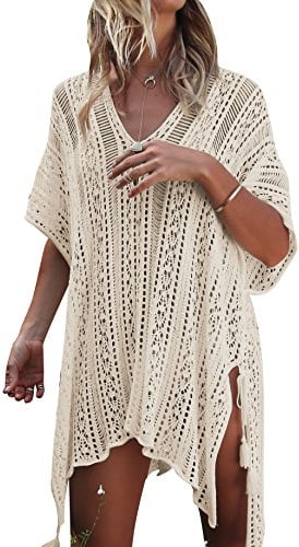 Jeasona Women’s Bathing Suit Cover Up Beach Bikini Swimsuit Swimwear Crochet Dress (Beige, M)