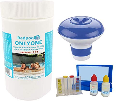 BuyStar Kit Pulizia Piscine con: Cloro 1KG in Pastiglie Combinate Multiazione 200gr, Test PH Kit 3 Funzioni Cloro, PH e Alcalinità, Dosatore di Cloro Galleggiante