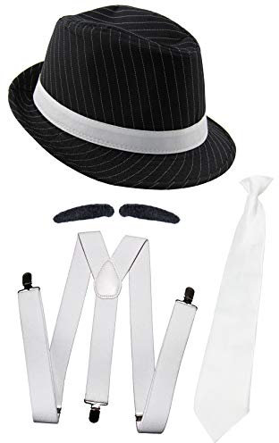 Foxxeo Gangster Set - Hosenträger - Krawatte - Hut - Bart