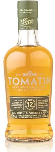 Tomatin 12 Year Old Highland Single Malt Scotch Whisky 43% alcohol/vol 20cl Mini Glass Bottle
