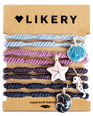 Supersofte Haargummis | Armbänder | Geschenke für Frauen Kinder Mädchen | Geriffeltes Armband aus Stoff vier süßen Anhängern | Farbe: Blau, Violett, Braun, Schwarz (Beachgirl)