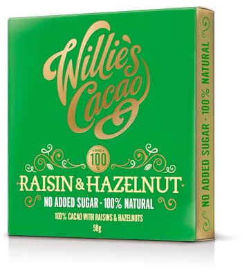 Willie's Cacao - 100% Cocoa with Hazelnut & Raisin - No Added Sugar Chocolate bar - 50g - Naturally sweetened with Fruit and Nuts - Vegan - Artisan Made