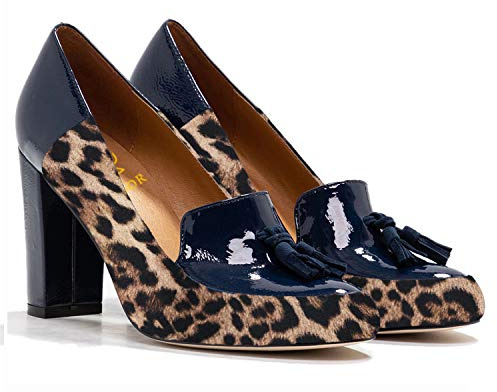 LEHOOR Damen-Pumps mit Fransen, breiter Block, runder Zehenbereich, Slip-On-Kleid, Loafer mit Quaste, Wildleder-Lackleder, Patchwork, für Damen, Mädchen, Büro, Größe 4–15