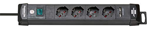 Brennenstuhl , Premium-Line Steckdosenleiste mit USB-Ladeanschluss 4-Fach schwarz 3m H05VV-F 3G1,5 (Italienischer Stecker)