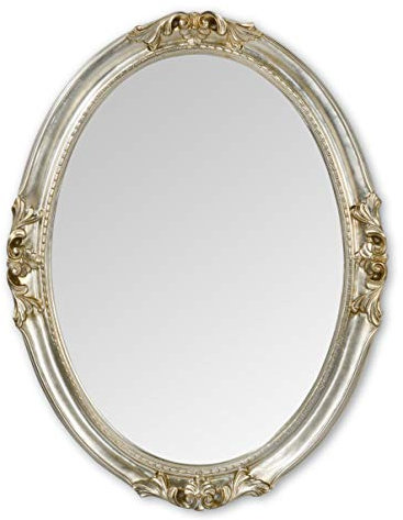 MO.WA Spiegel Wandspiegel Oval Klassisch Barock Stil 63x83 Blattsilber Antik. Ovaler Spiegel Silber Holzrahmen Wohnzimmer Schlafzimmer Badezimmer Flurspiegel - Dekospiegel