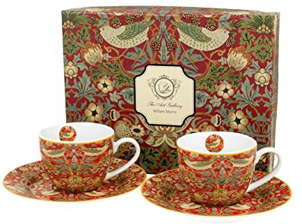 Duo EIN Satz von 2 Porzellan-Espressotasse mit Untertasse, Strawberry Thief RED by William Morris in Geschenkbox, Kaffeetasse, Füllmenge maximale 110 ml