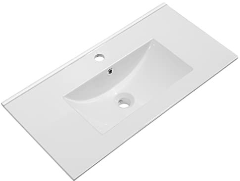 baanio - Lavabo Encimera Cerámico Blanco | Pila Lavamanos Rectangular 81x40 cm con Seno Centrado | Instalación Sobre Encimera, Compatible con Mueble de Baño 80x39 cm | FONDO REDUCIDO 40
