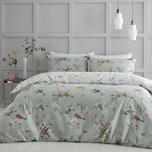 Catherine Lansfield Bettwäsche Singbird King Bettbezug Set mit Kissenbezügen, salbeigrün