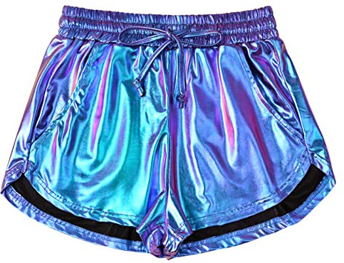 Damen Metallic Shorts Yoga Glänzend Glitzernd Hot Kordelzug Outfit Kurze Hose, Meerjungfrau, Groß