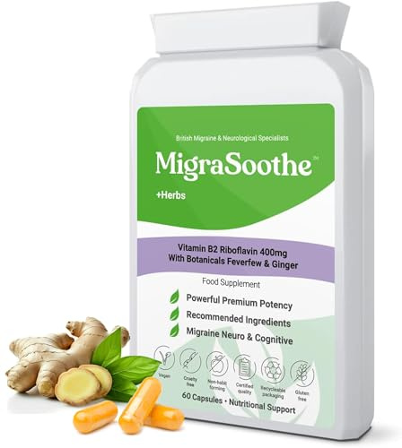 MigraSoothe + Herbs Vitamin B2 Riboflavin 400mg Capsules with Feverfew and Ginger - High Strength Daily Supplement for Adults - Migraine Wellness Routine - Vegan, UK Made, 60 Capsules