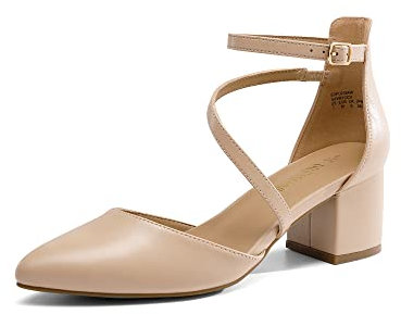 DREAM PAIRS Women's Closed Pointed Toe Low Chunky Heels Pumps Ankle Strap Wedding Business Dressy Shoes SDPU2354W,Size 5,Nude-Pu,SDPU2354W