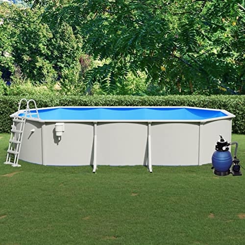 Festnight Stahlwandpool Komplettset stahlwandpool oval schwimmbecken Garten Pool mit Stahlwand Stahlwandbecken Pool oval Becken Set Aufstellpool Gartenpool-610x360x120 cm-Pool + Leiter+ Pumpe