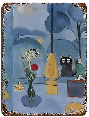 KOURT Matisse Blue Window Black Cat Lustiges Poster Retro Poster Metall Blechschild Chic Art Retro Eisen Malerei Bar Menschen Höhle Cafe Familie Garage Poster Wanddekoration 30 x 40 cm