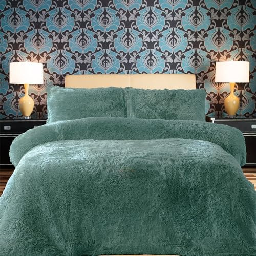 PARADISE STAR Teddy-Fleece-Bettwäsche-Set mit passendem Kissenbezug, flauschig, thermisch, warm und gemütlich, Blaugrün, Super-King-Size-Bett, ca. 260 x 220 cm