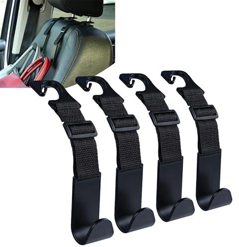 Amooca Headrest Hooks for Car Adjustable 4 Pack Vehicle Seat Back Organizer Storage Hanger Holder for Purse Bags Universal Fit Black