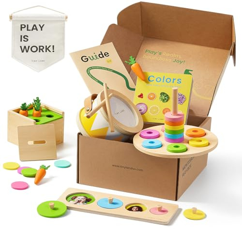 Tiny Land Montessori-Spielzeugset für Babys im Alter von 13–15 Monaten. Entdecker-Spielset – Babytrommel, Karottenernte und Münzboxen, Stapel- und Farbabgleichsteller, Größenabgleichspuzzle
