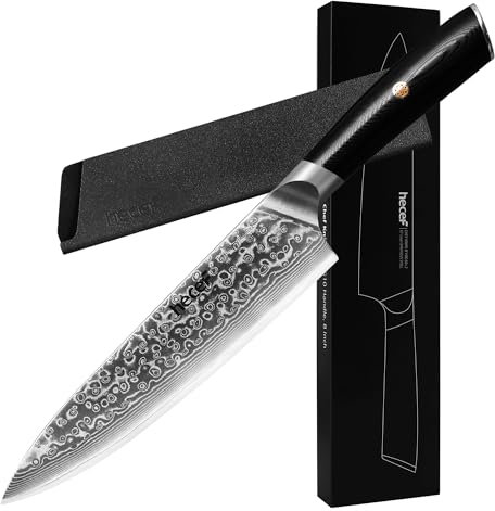 Japanisches Messer, hecef 20cm Damastmesser mit G10 Griff und Kupferblumenniete, 67 Lagen Damast Küchenmesser Scharf mit Messerschutz, Kochmesser Profi Messer Geschenk für Chef und Kochbegeisterte