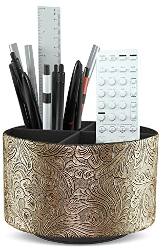 Czzmy Organiseur rond en cuir pour fournitures artistiques, support de télécommande, rotation à 360 degrés, porte-crayons multifonctionnel, 4 compartiments (1 doré sculpté)