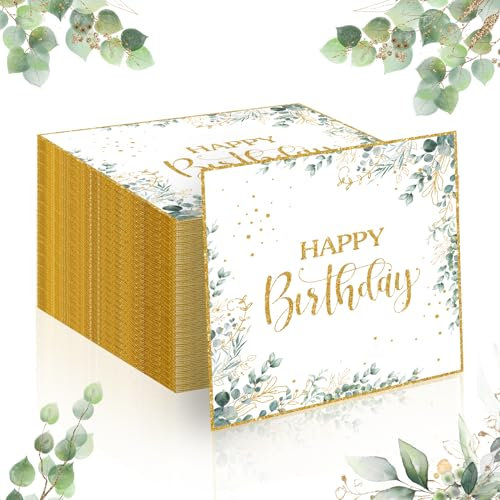 CHRI 40 STK servietten geburtstag eukalyptus, happy birthday servietten tischdeko geburtstag 3-Lagige Grün 33 x 33cm Schön, dass Du da bist