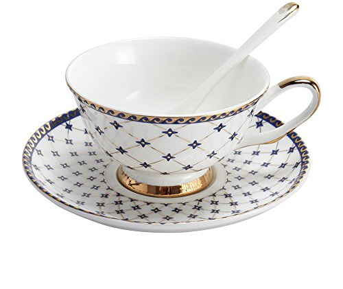 Porlien Royal Blue Star-night Porcelain 7-ounce Teacup and Saucer Set with 6-inch Coffee Spoon