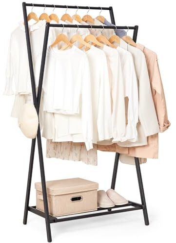 Yorbay Kleiderständer Bambus, Freistehender Garderobenständer, Garderobe mit Kleiderstange for Schlafzimmer, Verstellbarer Garderobenständer mit Lagerregal multifunktionaler (Schwarz)