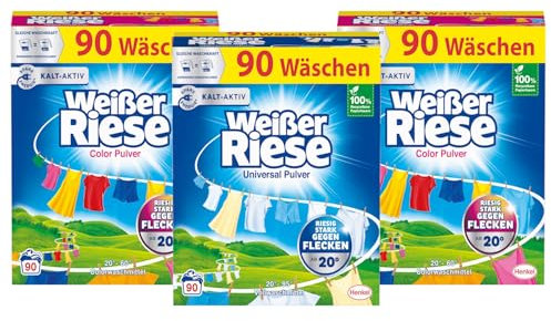 WEISSER RIESE Pulver-Set 3x 90 Waschladungen (270WL) 2x Color & 1x Universal, Color- & Vollwaschmittel wirkt riesig stark gegen Flecken, Kalt-Aktiv schon ab 20° C, ergiebiges Waschpulver