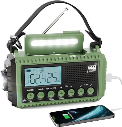 Radio de emergencia Raynic mejorada 12000 Radio meteorológica solar con manivela AM/FM/SW/NOAA Radio de alerta meteorológica con cargador de teléfono celular, conector para auriculares, linterna y