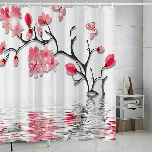FAIRYGATE Outdoor Shower Curtains Waterproof Garden Pink Floral Shower Curtain for Bathroom Small Pink Flowers Farmhouse Bathtubs Waterproof Curtain Decor Fabric Curtain Set with 12 Hooks B8220