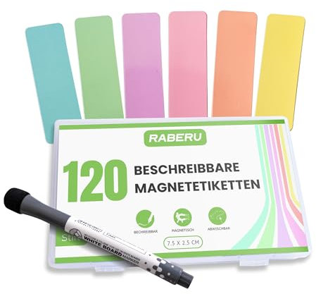 Raberu Magnet Streifen - 120 Stück (6 Pastel Farben)-75x25 mm-Mehrfach Beschreibbare Magnetfolie Selbstklebend für Whiteboard Zubehör, Magnet Tafel–Ideal auch als Kühlschrankmagnete zum Beschriften