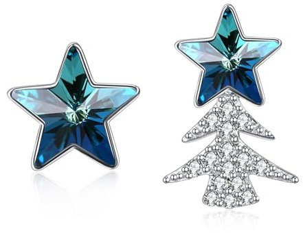 Ohrstecker Silber 925, Ohrstecker Blau Weihnachtsbaum Und Sterne Kristall Ohrringe Damen